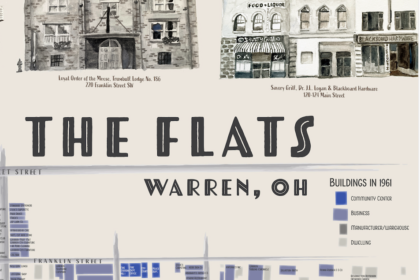 A portion of The Flats map showing buildings painted in watercolor that were demolished in urban renewal.
